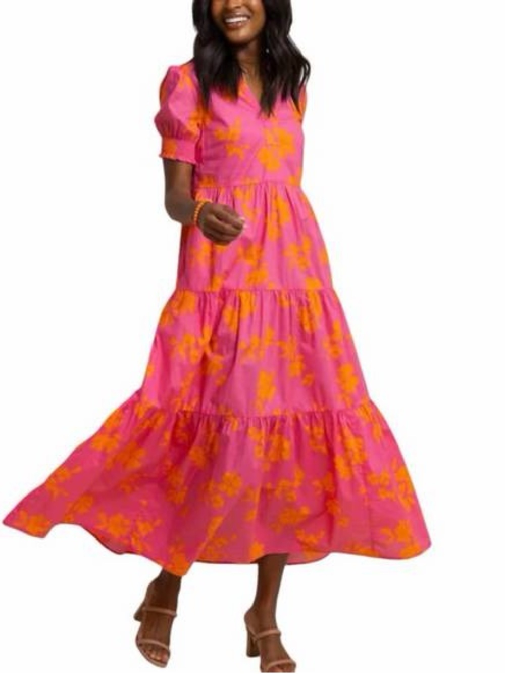 Southern Tide Pink and Orange Floral Tiered Maxi Dress